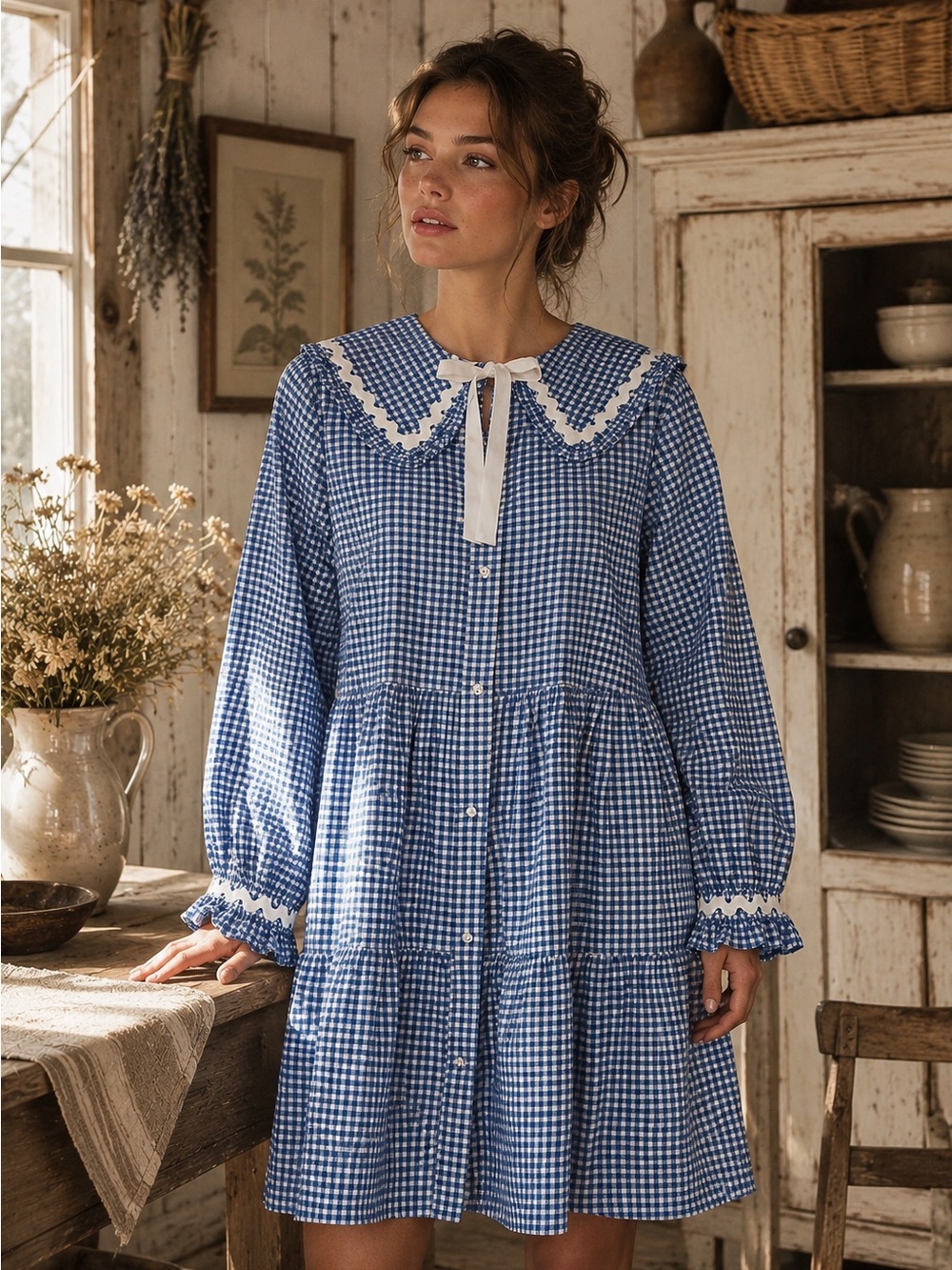 Anthropolgie Cras Blue Gingham Button-Front Tiered Dress with Peter Pan Collar